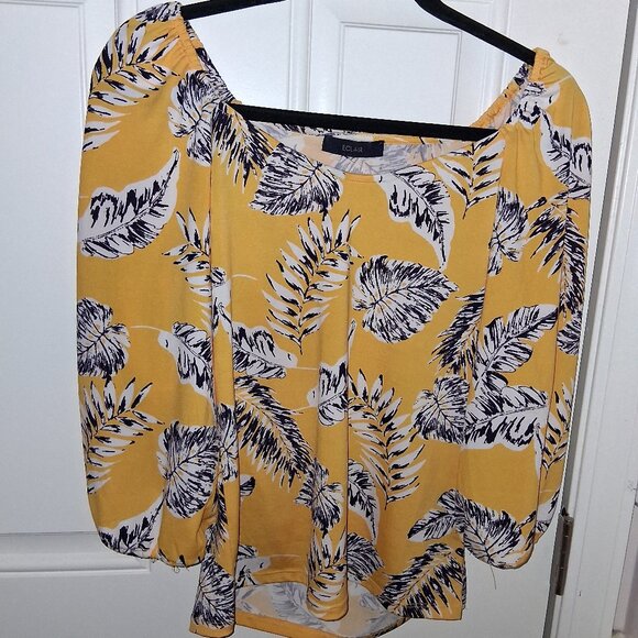 Eclair Yellow Blouse with Leaf Print, Scoop Neck - Sz 6 - Picture 3 of 10